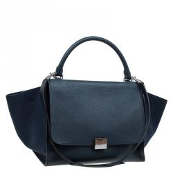 Pre Owned Celine Navy Blue Leather and Suede Medium Trapeze Bag
