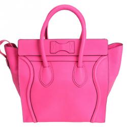 Pre Owned Celine Pink Pebbled Leather Mini Luggage Tote Bag