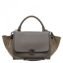 Pre Owned Celine Beige Leather and Suede Small Trapeze Bag