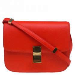 Pre Owned Celine Red Orange Leather Medium Classic Box Shoulder Bag