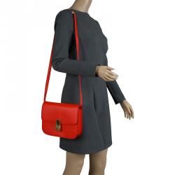 Pre Owned Celine Red Orange Leather Medium Classic Box Shoulder Bag