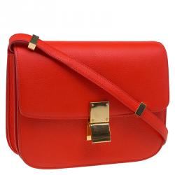Pre Owned Celine Red Orange Leather Medium Classic Box Shoulder Bag