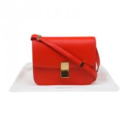 Pre Owned Celine Red Orange Leather Medium Classic Box Shoulder Bag