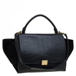 Pre Owned Celine Black Croc Embossed Leather Medium Trapeze Tote