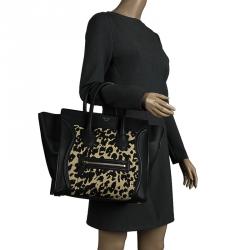 Pre Owned Celine Black Leopard Print Canvas and Leather Mini Luggage Tote