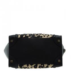 Pre Owned Celine Black Leopard Print Canvas and Leather Mini Luggage Tote