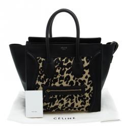 Pre Owned Celine Black Leopard Print Canvas and Leather Mini Luggage Tote