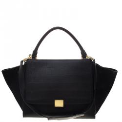 Pre Owned Celine Black Croc Embossed Leather and Suede Medium Trapeze Tote