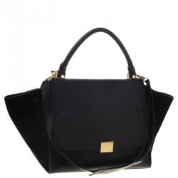 Pre Owned Celine Black Croc Embossed Leather and Suede Medium Trapeze Tote