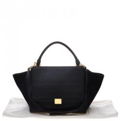 Pre Owned Celine Black Croc Embossed Leather and Suede Medium Trapeze Tote