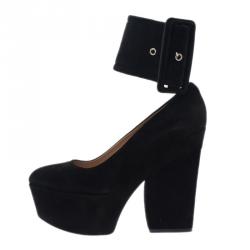 Pre Owned Celine Black Suede Ankle Strap Platform Pumps Size 38