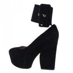 Pre Owned Celine Black Suede Ankle Strap Platform Pumps Size 38