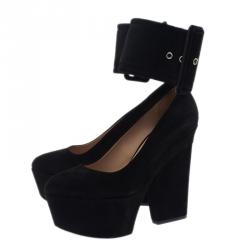 Pre Owned Celine Black Suede Ankle Strap Platform Pumps Size 38