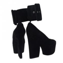 Pre Owned Celine Black Suede Ankle Strap Platform Pumps Size 38