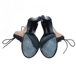 Pre Owned Celine Black and Beige Leather Lace Up Peep Toe Ankle Booties Size 37