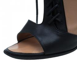 Pre Owned Celine Black and Beige Leather Lace Up Peep Toe Ankle Booties Size 37