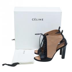 Pre Owned Celine Black and Beige Leather Lace Up Peep Toe Ankle Booties Size 37