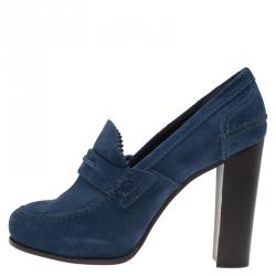 Pre Owned Celine Blue Suede Loafer Platform Pumps Size 40