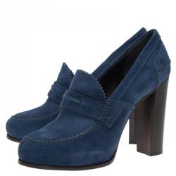 Pre Owned Celine Blue Suede Loafer Platform Pumps Size 40