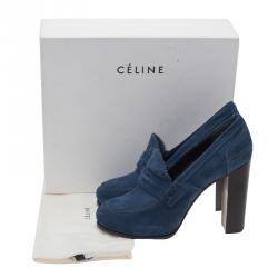 Pre Owned Celine Blue Suede Loafer Platform Pumps Size 40