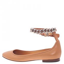 Pre Owned Celine Beige Leather Chain Ankle Strap Ballet Flats Size 38