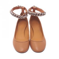 Pre Owned Celine Beige Leather Chain Ankle Strap Ballet Flats Size 38