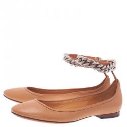 Pre Owned Celine Beige Leather Chain Ankle Strap Ballet Flats Size 38