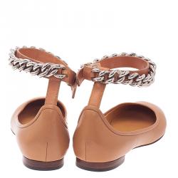 Pre Owned Celine Beige Leather Chain Ankle Strap Ballet Flats Size 38