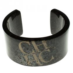 Pre Owned CH Carolina Herrera Gold Tone Inclusion Black Resin Open Cuff Bracelet