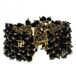 Pre Owned CH Carolina Herrera Black Beads Gold Tone Bracelet 17cm