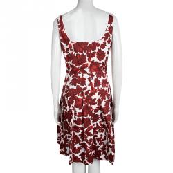 CH Carolina Herrera Red Floral Printed Pleat Detail Sleeveless Dress M