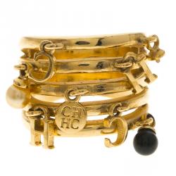 Pre Owned Carolina Herrera Dangle Charms Gold Tone Band Ring Size 54