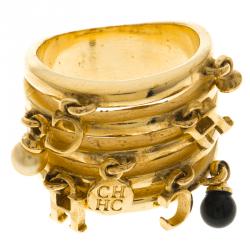 Pre Owned Carolina Herrera Dangle Charms Gold Tone Band Ring Size 54