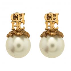 Pre Owned CH Carolina Herrera Logo Faux Pearl Gold Tone Stud Earrings