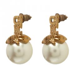 Pre Owned CH Carolina Herrera Logo Faux Pearl Gold Tone Stud Earrings