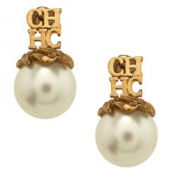 Pre Owned CH Carolina Herrera Logo Faux Pearl Gold Tone Stud Earrings