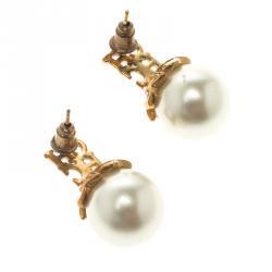 Pre Owned CH Carolina Herrera Logo Faux Pearl Gold Tone Stud Earrings
