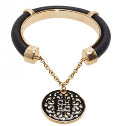 Pre Owned Carolina Herrera CH Black Leather Pendant Gold Tone Cuff Bracelet