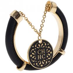 Pre Owned Carolina Herrera CH Black Leather Pendant Gold Tone Cuff Bracelet