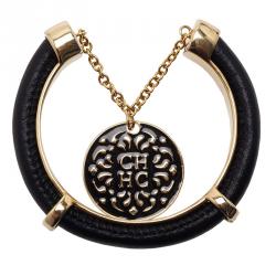 Pre Owned Carolina Herrera CH Black Leather Pendant Gold Tone Cuff Bracelet