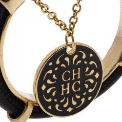 Pre Owned Carolina Herrera CH Black Leather Pendant Gold Tone Cuff Bracelet