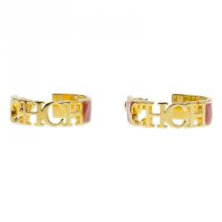 Pre Owned Carolina Herrera CH Red Gold Tone hoop Earrings