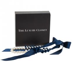 Pre Owned Carolina Herrera CH Faux Pearl Blue Ribbon Necklace