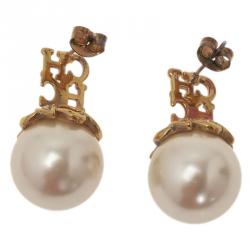 Pre Owned Carolina Herrera CH Faux Pearl Gold Tone Earrings