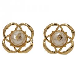 Pre Owned Carolina Herrera CH Faux Pearl Gold Tone Stud Earrings