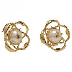 Pre Owned Carolina Herrera CH Faux Pearl Gold Tone Stud Earrings