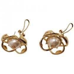 Pre Owned Carolina Herrera CH Faux Pearl Gold Tone Stud Earrings