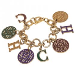 Pre Owned Carolina Herrera CH Multi Color Charm Gold Tone Bracelet