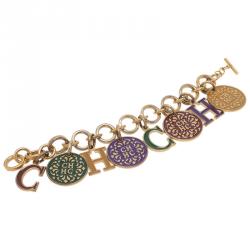 Pre Owned Carolina Herrera CH Multi Color Charm Gold Tone Bracelet
