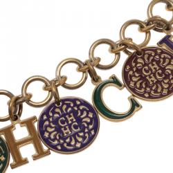 Pre Owned Carolina Herrera CH Multi Color Charm Gold Tone Bracelet